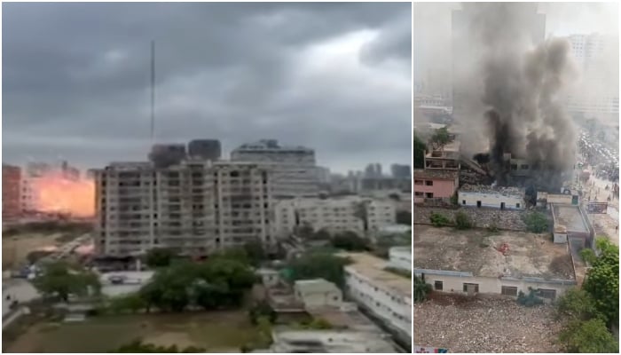 This collage shows a high-intensity explosion at a firecracker warehouse, while another photo shows smoke from a fire that erupted in the building following the explosion at MA Jinnah Road, Karachi, August 21, 2025. — Screengrab via Geo News