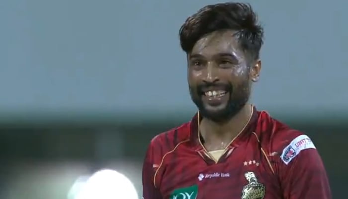 Mohammad Amir of Trinbago Knight Riders during the Mens 2025 Republic Bank Caribbean Premier League match between Antigua & Barbuda Falcons v Trinbago Knight Riders at Sir Vivian Richards Cricket Ground on August 20, 2025 in St Johns, Antigua and Barbuda. — X/@CPL