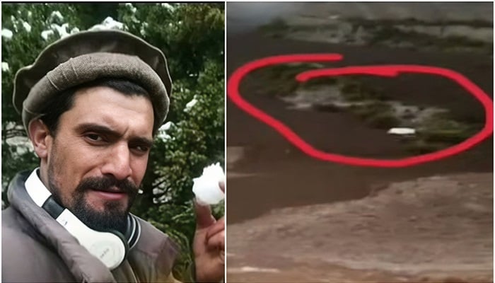This combination of photos shows Wasiat Khan (left) and the newly-formed lake in Ghizer, Gilgit-Baltistan. —Screengrab/Geo News