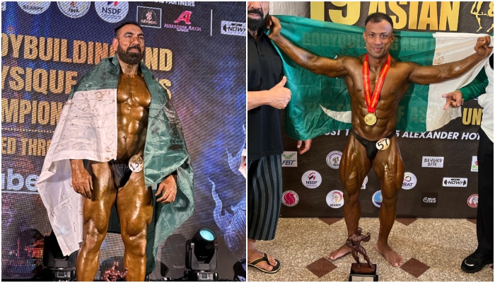 Pakistani bodybuilders celebrate after winning medals at the Asian Bodybuilding Championship in Thailand. — Reporter