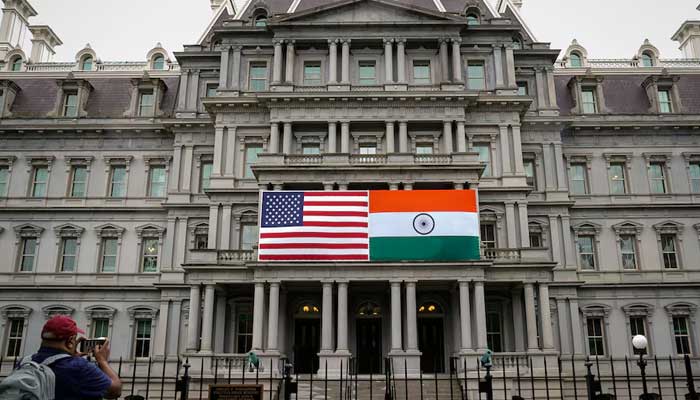 The flags of the United States and India are displayed on the Eisenhower Executive Office Building at the White House in Washington, US on June 21, 2023. — Reuters