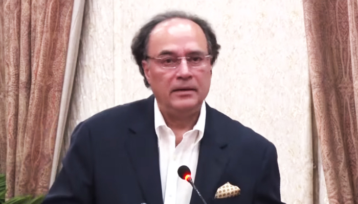 Finance Minister Muhammad Aurangzeb speaking at an event in Islamabad, on August 23, 2025. — Geo News