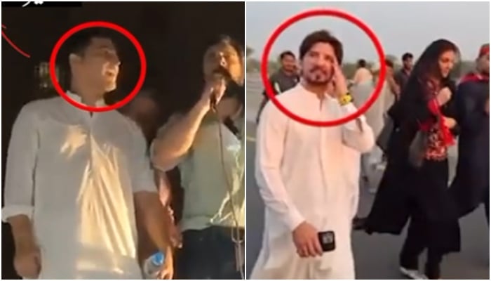 This collage shows PTI founder Imran Khan nephews, Shershah Khan (left) and Shahrez Khan (right), during May 9, 2023, protests. — Geo News