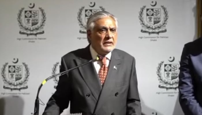 Deputy Prime Minister and Foreign Minister Ishaq Dar addresses an event at Pakistan High Commission, Dhaka, Bangladesh, on August 23, 2025. — Screengrab via Geo News