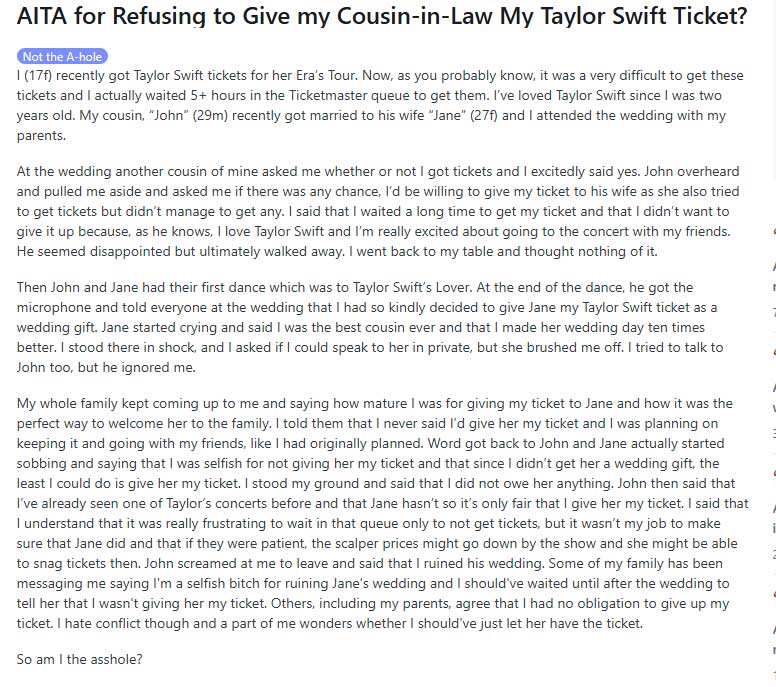 AITA for refusing to give my cousin-in-law my Taylor Swift ticket? Whats behind the viral story?
