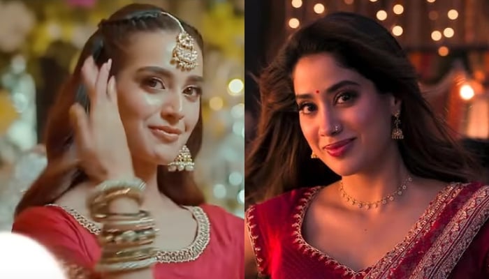 Screengrabs from the songs, Laal Suit and Bollywoods Danger. — YouTube/@HarPalGeo/Instagram@jhanvi_kapoor_official