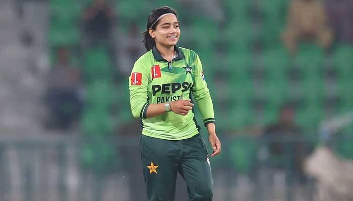 Pakistans Fatima Sana reacts during their ICC Womens Cricket World Cup Qualifier match against Thailand at the Gaddafi Stadium in Lahore on April 17, 2025. — PCB