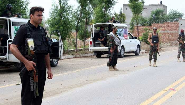 Security personnel stand guard outside FC checkpost in KP. — Geo News/FileTerrorists attack FC fort in Torawari, Hangu: SP Operation.17 FC personnel also injured in Hangu attack: police.Facilitator of FC fort attack killed in encounter: DPO