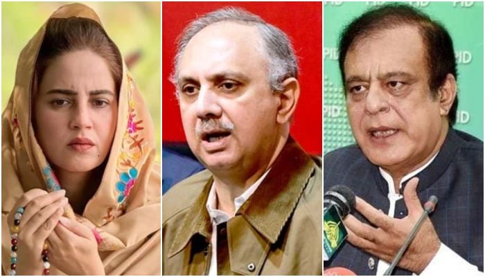 (From left to right) PTI leaders Zartaj Gul, Omar Ayub and Shibli Faraz. — X@zartajgulwazir/APP/File