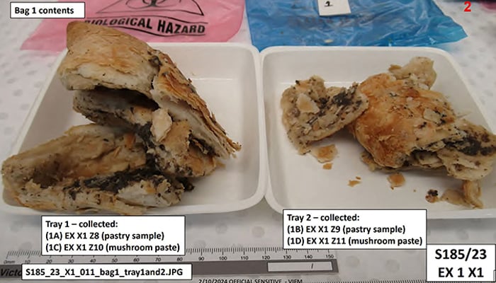 This undated handout photo from the Supreme Court of Victoria released on July 7, 2025 shows an annotated photo of plates containing samples of a beef Wellington meal laced with toxic mushrooms that was prepared by Australian home cook Erin Patterson, during a toxicology analysis at the Victorian Institute of Forensic Medicine. — AFP