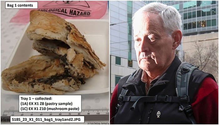 This collage shows handout pictures of plates containing samples of a beef Wellington meal laced with toxic mushrooms and Ian Wilkinson, the only guest to survive a toxic mushroom lunch with Australian murderer Erin Patterson. — AFP/File