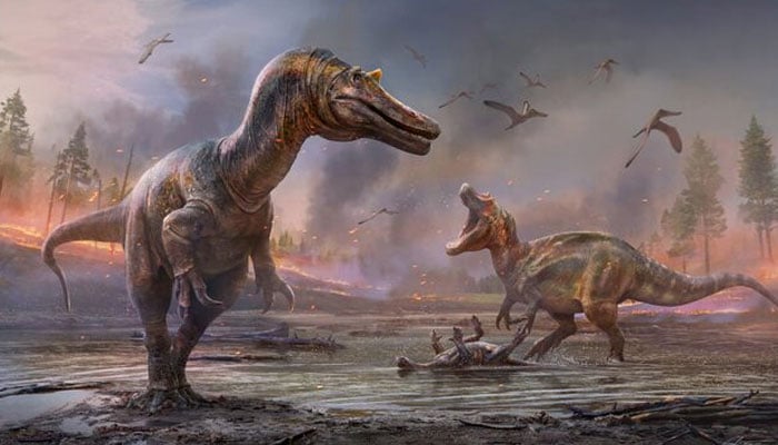 The meat-eating dinosaurs Ceratosuchops inferodios, in the foreground, and Riparovenator milnerae, in the background are seen in an undated artists rendition. — Reuters/File