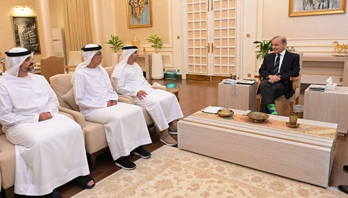 PM Shehbaz Sharif (right) meets UAEs outgoing Ambassador Hamad Obaid Ibrahim Al-Zaabi. — PMO
