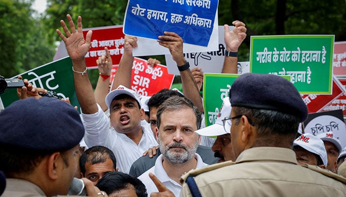 Indias Opposition Leader Rahul Gandhi is stopped by police along with other lawmakers during a protest against what they say are electoral malpractices, in New Delhi, India on August 11, 2025.