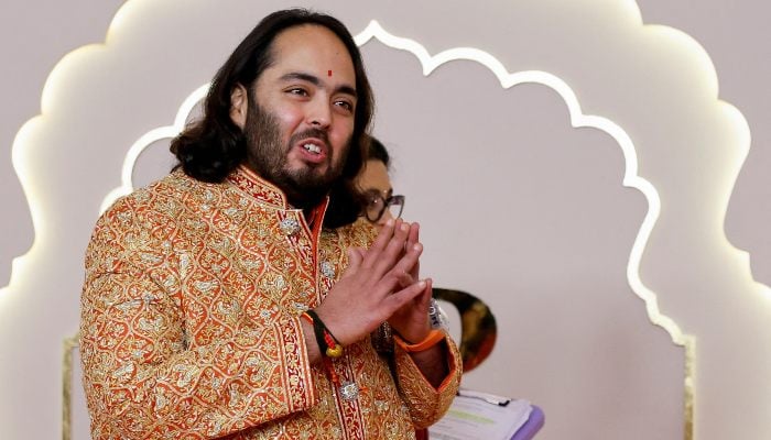 Anant Ambani gestures on the day of his wedding with Radhika Merchant in Mumbai, India, July 12, 2024. — Reuters
