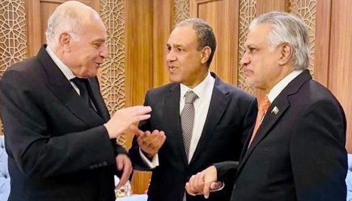 Deputy Prime Minister (DPM) and Foreign Minister Ishaq Dar (right), Algerian FM Ahmed Attaf  and his Egyptian counterpart Badr Abdelatty (left). — APP
