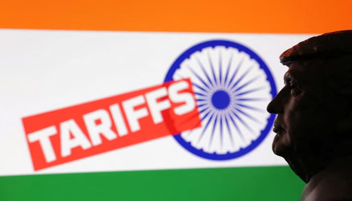 A 3D-printed miniature model of US President Donald Trump, the Indian flag and the word Tariffs are seen in this illustration taken July 23, 2025. — Reuters