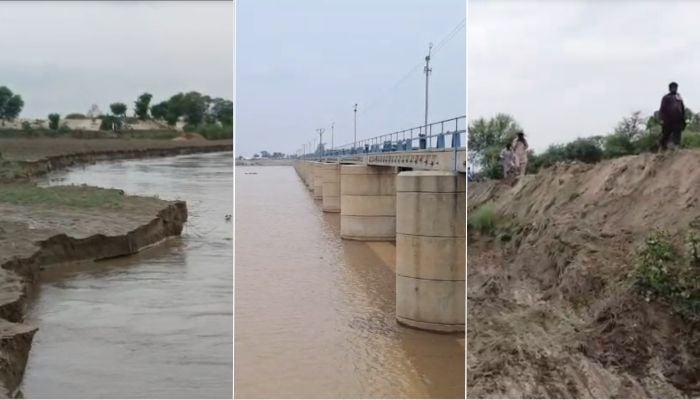 A collage of different locations in Pakistan facing high flood in rivers. — Geo News
