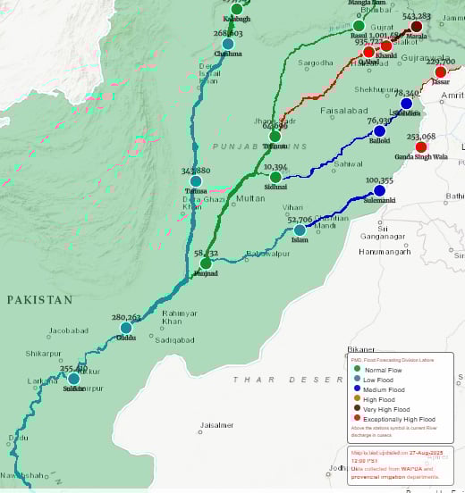 This screengrab shows flood levels at various locations in Pakistan’s rivers at 11am on Aug 27, 2025. — Flood Forecasting Division website