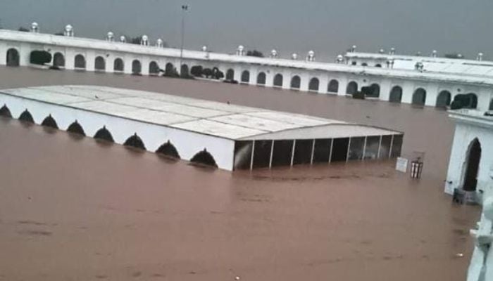 Image shows Gurdwara Darbar Sahib in Kartarpur inundated with floodwater, August 27, 2025. — X