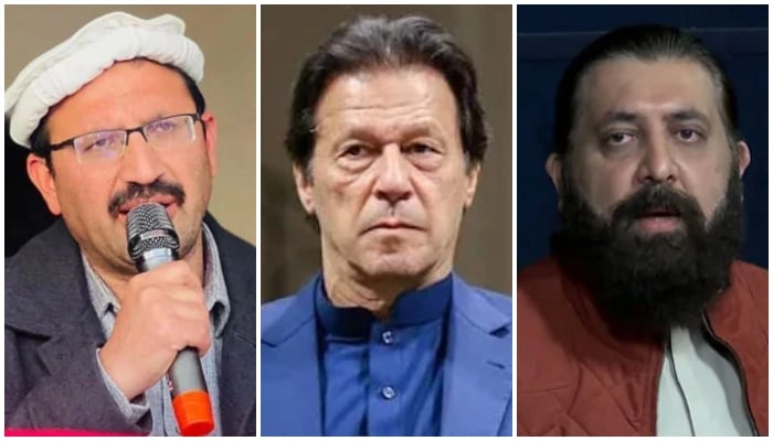 Pakistan Tehreek-e-Insaf lawmaker Junaid Akbar (left), PTI founder Imran Khan (centre), PTI spokesperson Sheikh Waqas Akram. — Facebook/AFP/@Junaid Akbar Khan/@PTIOfficial/File