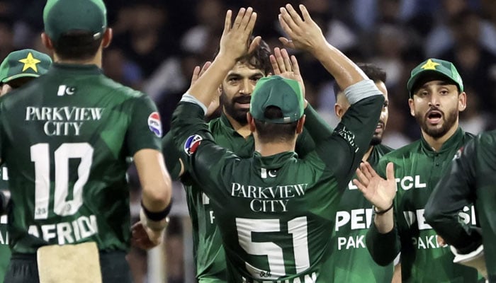 Pakistan bowler Haris Rauf celebrates after taking a wicket against Afghanistan during their UAE Tri-Series match at the Sharjah Cricket Stadium in Sharjah on August 29, 2025. — AFP