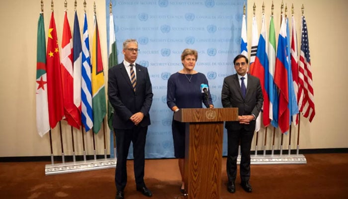 United Kingdoms Ambassador to the United Nations Barbara Woodward, accompanied by other E3 members German Ambassador Ricklef Beutin and Deputy French Ambassador Jay Dharmadhikari, speaks to members of the press about Iran and nuclear weapons at UN Headquarters in New York City, US, August 29, 2025. — Reuters