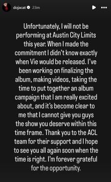 Doja Cat cancels ACL 2025 appearance due to unexpected reason
