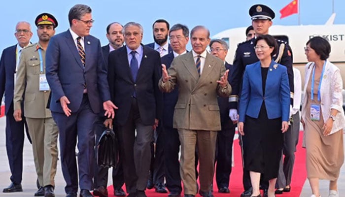Prime Minister Shehbaz Sharif  (third from right) arrives in Tianjin for his official visit to China on August 30, 2025. —X/ @GovtofPakistan