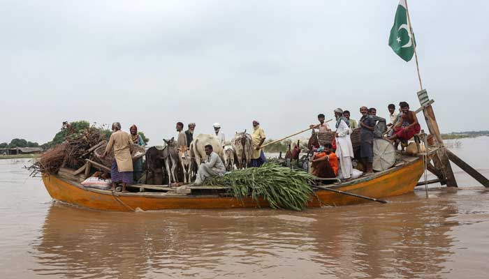Villagers along with their livestock evacuate on a boat after an increase in floodwater levels following the overflowing of the Chenab River in Multan on August 30, 2025.— AFP