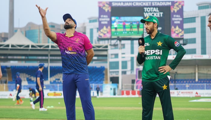 Pakistan skipper Salman Ali Agha (right) and United Arab Emirates (UAE) captain Muhammad Waseem during the toss for the second T20I of tri-series at Sharjah Cricket Stadium, August 30, 2025. — X/@TheRealPCB