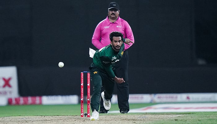 Pakistans Hasan Ali in action during the T20I tri-series match against UAE at the Sharjah Cricket Stadium in Sharjah on August 30, 2025. — PCB