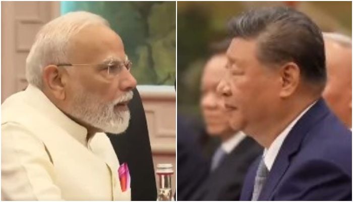 A collage showing Indian PM Narendra Modi (left) and Chinese President Xi Jinping during their meeting on August 31, 2025. — Screengrab via X@narendramodi