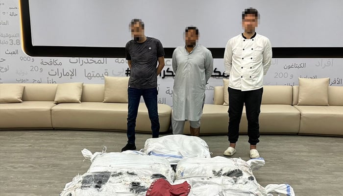 Three suspected smugglers with their faces blurred seen in this image issued by Dubai Police. —X@DubaiPoliceHQ