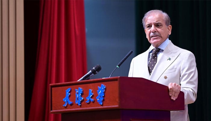 Prime Minister Shehbaz Sharif addresses students and faculty members of Tianjin University in China, August 31, 2025. — PID