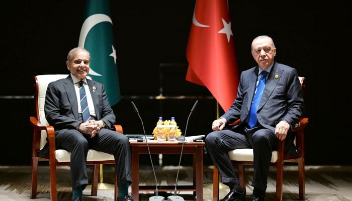 Prime Minister Shehbaz Sharif holds meeting with Turkish President Recep Tayyip Erdogan on sidelines of SCO Council of Heads of State in Tianjin, China, August 31, 2025. — PID