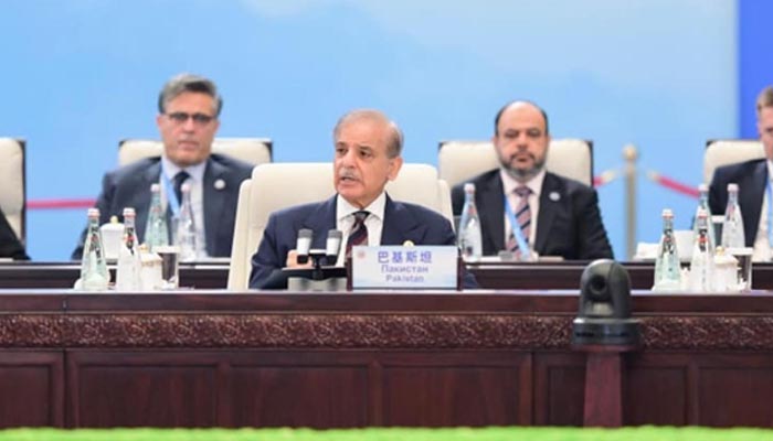 PM Shehbaz Sharif addresses SCO summit in Chinas Tianjin on September 1, 2025. — PID
