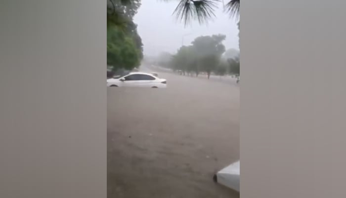 Vehicles submerged in rainwater following heavy downpour in Islamabad on September 1, 2025. — X/@ShirazHassan