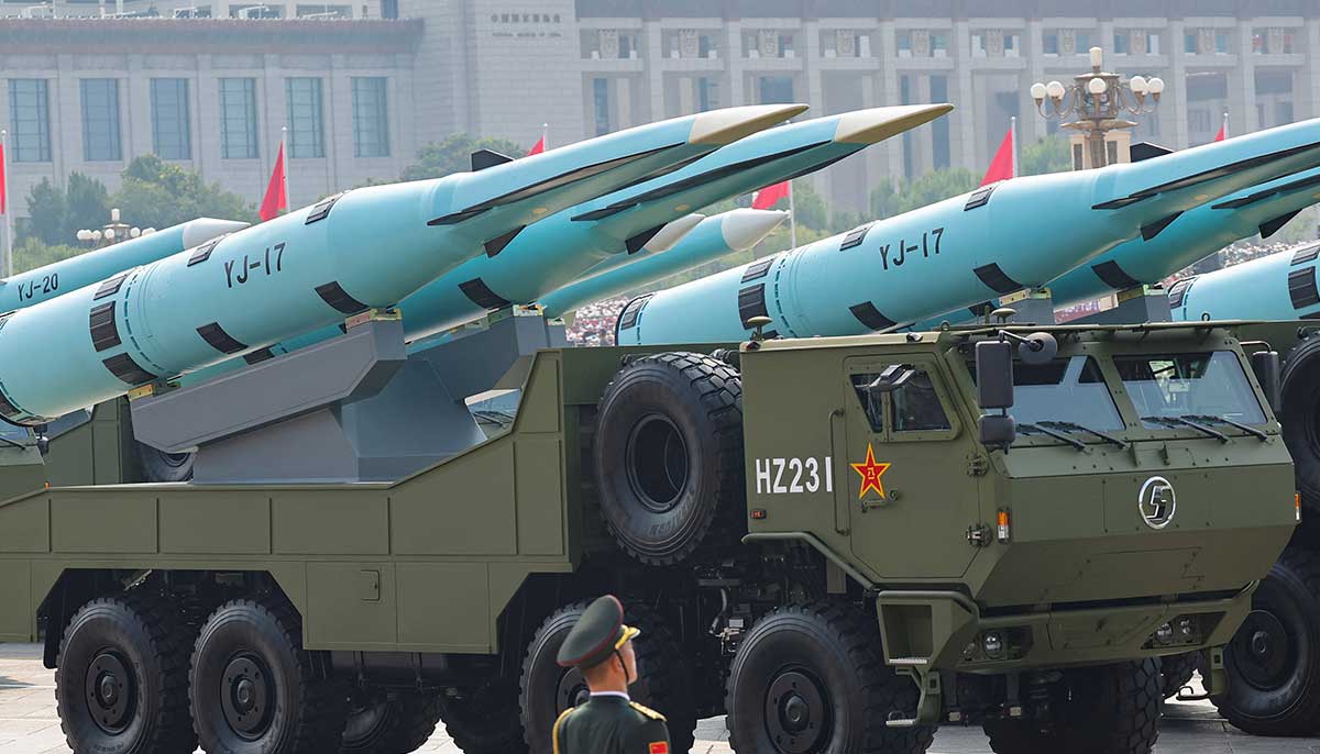 A member of the Peoples Liberation Army stands as YJ-17 hypersonic anti-ship missiles are displayed during a military parade to mark the 80th anniversary of the end of World War II, in Beijing, China, September 3, 2025. — Reuters