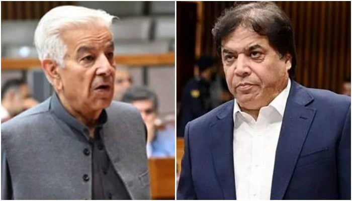 This collage shows Defence Minister Khawaja Asif (left) and Hanif Abbasi speaking on the floor of National Assembly in Islamabad. — APP/File