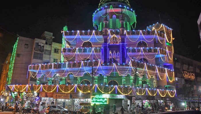 Kanzul Imam Mosque illuminated with colourful decoration lights to mark the occasion of 12th Rabi ul Awal, marking Eid Milad un Nabi (PBUH), Karachi, Sindh September 3, 2025. — Online