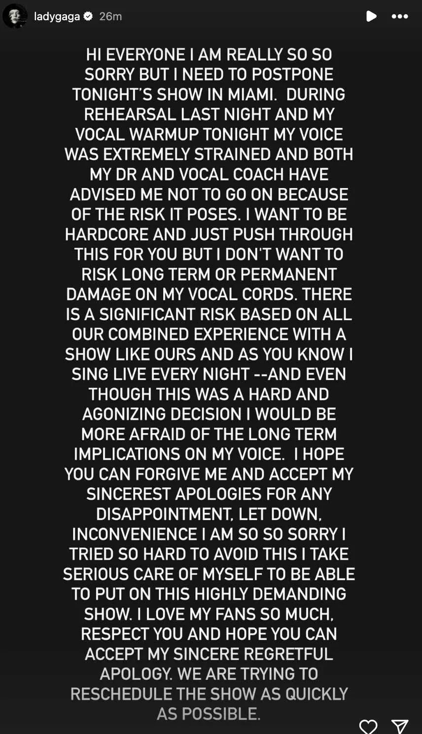 Lady Gaga postpones Miami concert minutes before showtime