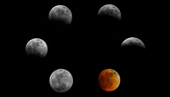 This combination of pictures created on March 14, 2025 shows (L-R) the full moon, also known as the Blood Moon, from the penumbra to the umbra, as seen from Villa de Leyva, Boyaca department, Colombia on March 14, 2025. — AFP