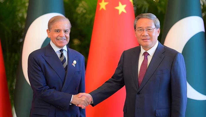PM Shehebaz Sharif (left) meets Chinese Premier Li Qiang in Beijing on September 4, 2025. — PID