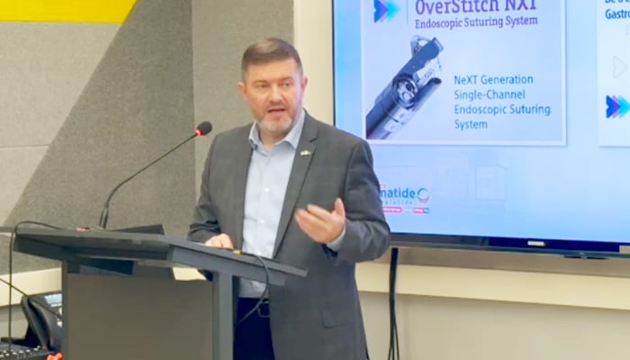 US Consul General Charles Goodman addresses the launch event of endoscopic sleeve gastroplasty in Karachi, on September 1, 2025.