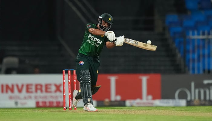 Pakistans Fakhar Zaman plays a shot during the T20I tri-series match against UAE at Sharjah Cricket Stadium, September 4, 2025. — Emirates Cricket Board