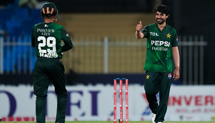 Pakistans Abrar Ahmed celebrates a wicket with wicketkeeper Mohammad Haris during the T20I tri-series match against UAE at Sharjah Cricket Stadium, September 4, 2025. — Emirates Cricket Board