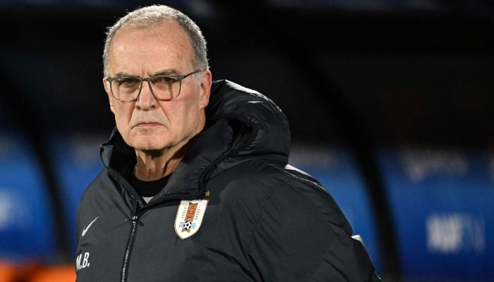 Uruguays Argentine head coach Marcelo Bielsa gestures during the 2026 FIFA World Cup South American qualifiers football match between Uruguay and Peru at the Centenario stadium in Montevideo on September 4, 2025. — AFP