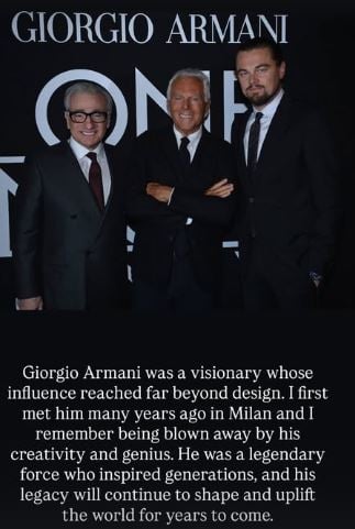 Leonardo DiCaprio reacts to fashion designer Giorgio Armanis death