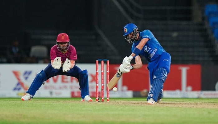 Afghanistans Ibrahim Zadran plays a shot during the T20I tri-nation series match against the UAE at Sharjah Cricket Stadium, Sharjah, September 5, 2025. — Emirates Cricket Board